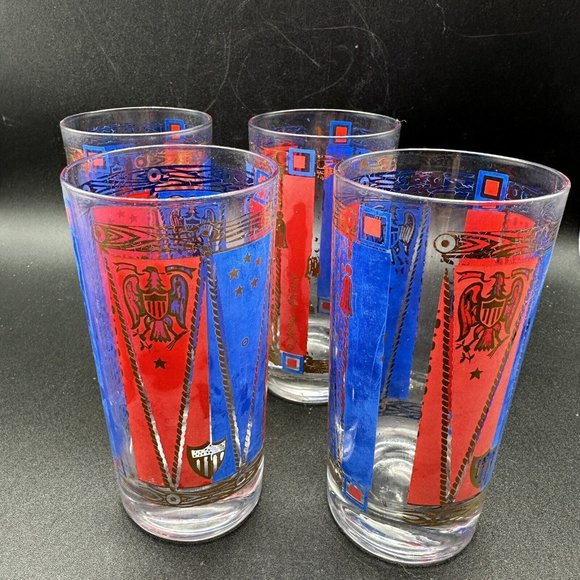Georges Briard Glasses Gold Barware Tall Highball Patriotic Red Blue MCM Eagle - Picture 1 of 15